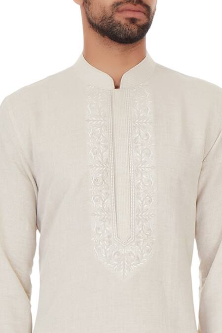 Vanshik_White Linen Embroidered Kurta Set _at_Aza_Fashions