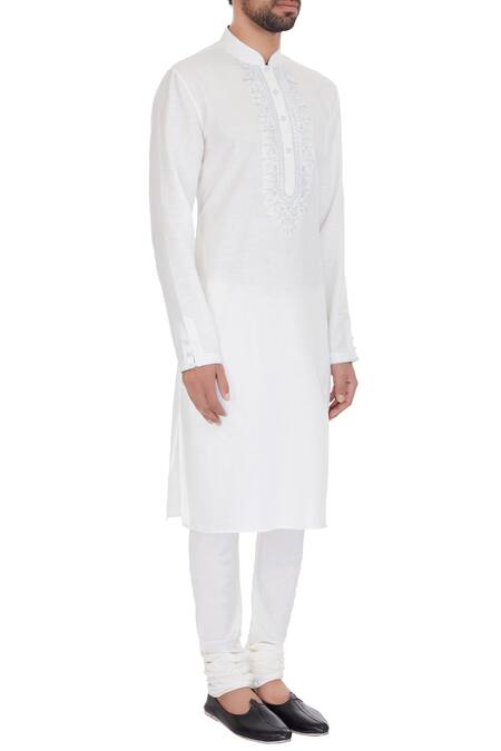 Vanshik_Off White Linen Embroidered Kurta Set _Online_at_Aza_Fashions