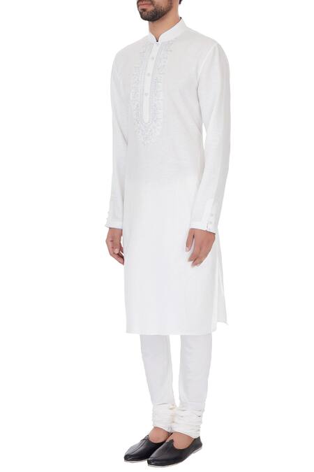 Buy_Vanshik_Off White Linen Embroidered Kurta Set _Online_at_Aza_Fashions