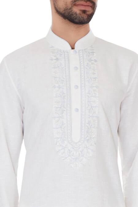 Vanshik_Off White Linen Embroidered Kurta Set _at_Aza_Fashions