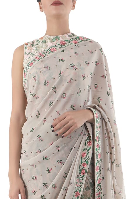Buy_Nikasha_Grey Round Hand Painted Saree With Blouse _Online_at_Aza_Fashions