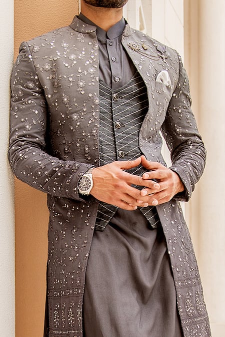 Buy_Soniya G_Grey Lucknowi Bandhgala And Kurta Set _Online_at_Aza_Fashions