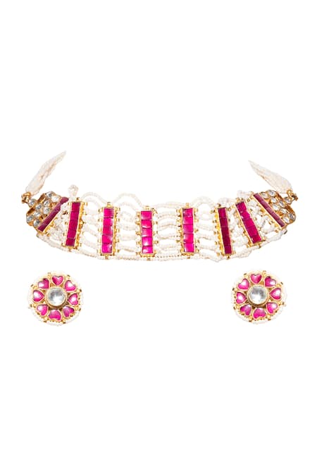 Shop Namasya Gold Plated Pearls, Diamonds, Stones Bead Kundan Choker Set at Aza Fashions Shop_Namasya_Gold Plated Pearls, Diamonds, Stones Bead Kundan Choker Set _at_Aza_Fashions