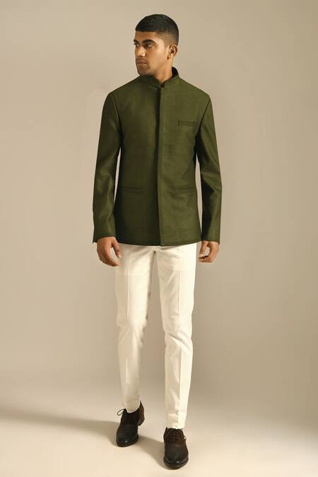 Dhruv Vaish_Green Cotton Silk Textured Bandhgala _Online_at_Aza_Fashions