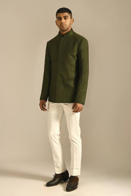 Buy_Dhruv Vaish_Green Cotton Silk Textured Bandhgala _Online_at_Aza_Fashions