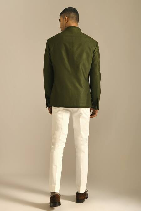 Shop_Dhruv Vaish_Green Cotton Silk Textured Bandhgala _Online_at_Aza_Fashions