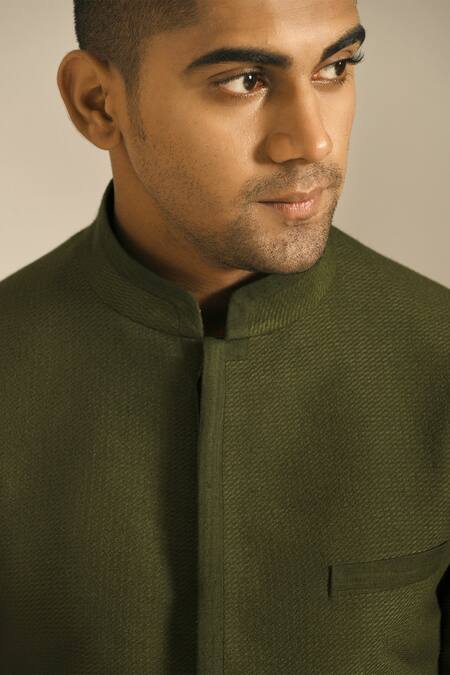 Dhruv Vaish_Green Cotton Silk Textured Bandhgala _at_Aza_Fashions