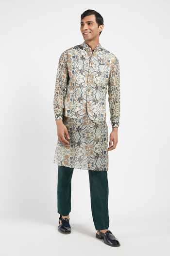 Rabani & Rakha_Grey Kurta Crepe Pant Cotton Silk Bundi Dupion Printed Set _Online_at_Aza_Fashions