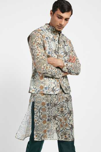 Buy_Rabani & Rakha_Grey Kurta Crepe Pant Cotton Silk Bundi Dupion Printed Set _Online_at_Aza_Fashions