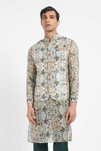 Shop_Rabani & Rakha_Grey Kurta Crepe Pant Cotton Silk Bundi Dupion Printed Set _Online_at_Aza_Fashions