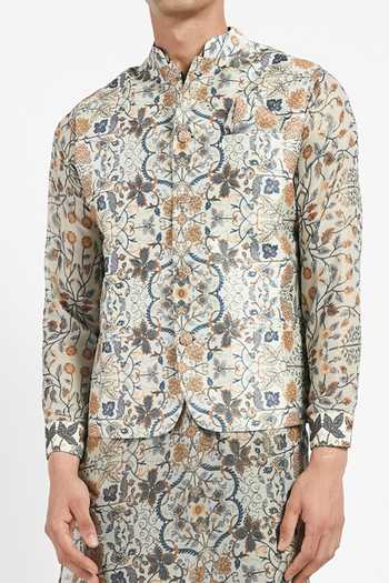 Rabani & Rakha_Grey Kurta Crepe Pant Cotton Silk Bundi Dupion Printed Set _at_Aza_Fashions