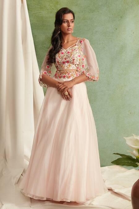 Priyanka Jain_Pink Organza, Chanderi V Neck Cape And Lehenga Set _Online_at_Aza_Fashions