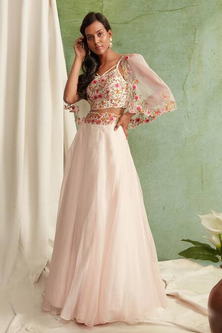 Buy_Priyanka Jain_Pink Organza, Chanderi V Neck Cape And Lehenga Set _Online_at_Aza_Fashions