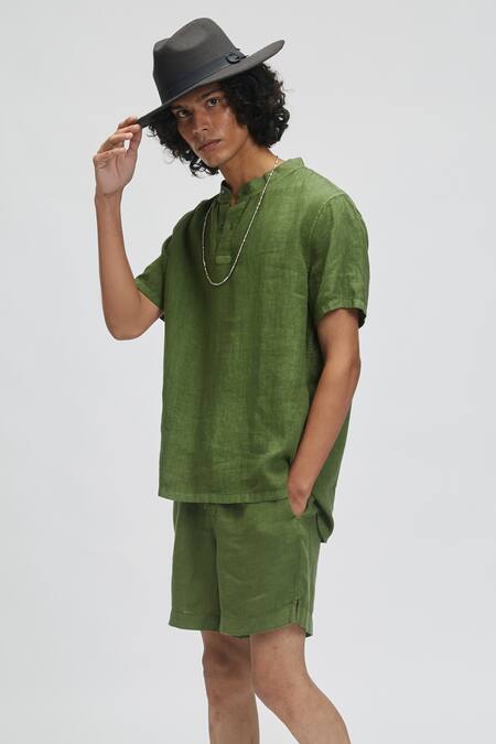 Terra Luna_Green 100% Linen Maui T-shirt _Online_at_Aza_Fashions