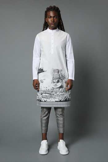 House Of Three_White Cotton Poplin Printed Line Art Kerala Kurta  _Online_at_Aza_Fashions