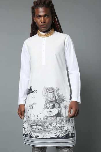 Buy_House Of Three_White Cotton Poplin Printed Line Art Kerala Kurta  _Online_at_Aza_Fashions