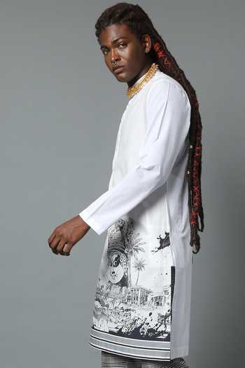 Shop_House Of Three_White Cotton Poplin Printed Line Art Kerala Kurta  _Online_at_Aza_Fashions