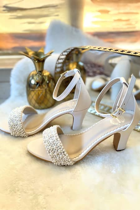 White embellished block discount heels