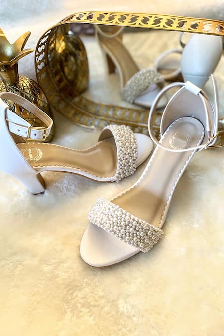 Modanta Footwear_White Pearls Embellished Block Heels _Online_at_Aza_Fashions