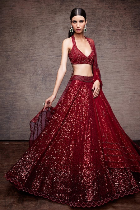 Buy Red Embellished Sequin Leaf Neck Metallic Lehenga Set For