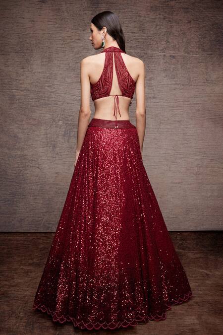 Shop Sawan Gandhi Red Cutdana Work, Sequin Leaf Neck Metallic Embellished Bridal Lehenga Set at Aza Fashions Shop_Sawan Gandhi_Red Cutdana Work, Sequin Leaf Neck Metallic Embellished Bridal Lehenga Set_at_Aza_Fashions