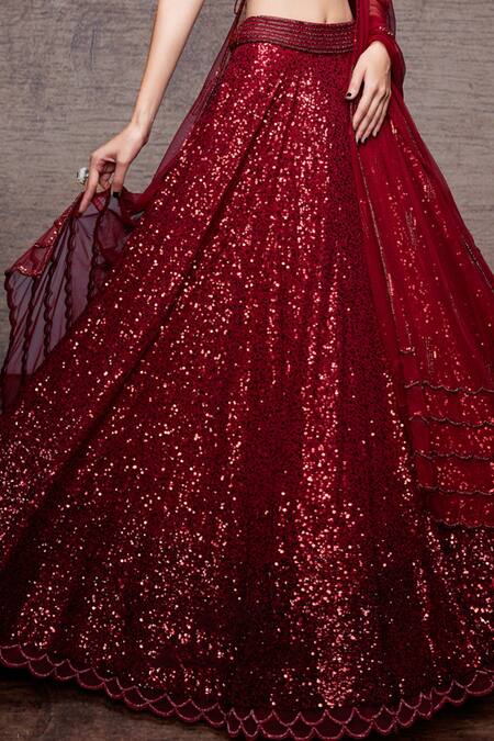 Buy Sawan Gandhi Red Cutdana Work, Sequin Leaf Neck Metallic Embellished Bridal Lehenga Set Online at Aza Fashions Buy_Sawan Gandhi_Red Cutdana Work, Sequin Leaf Neck Metallic Embellished Bridal Lehenga Set_Online_at_Aza_Fashions