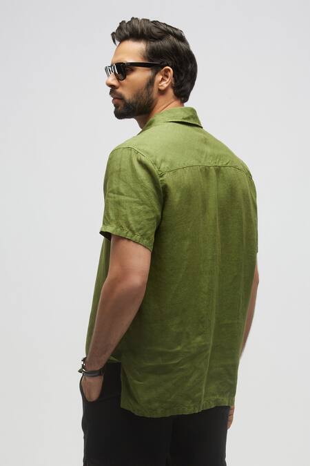Shop Terra Luna Green 100% Linen Plain Terra Luna Rugby T-shirt at Aza Fashions Shop_Terra Luna_Green 100% Linen Plain Terra Luna Rugby T-shirt_at_Aza_Fashions