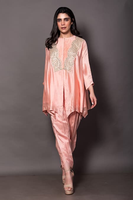 Vara By Vibha N Priti Pink , Organza Zari, Embroidery High Neck Yoke Tunic With Dhoti Pant Online at Aza Fashions Vara By Vibha N Priti_Pink , Organza Zari, Embroidery High Neck Yoke Tunic With Dhoti Pant _Online_at_Aza_Fashions