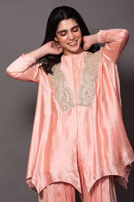 Buy Vara By Vibha N Priti Pink , Organza Zari, Embroidery High Neck Yoke Tunic With Dhoti Pant Online at Aza Fashions Buy_Vara By Vibha N Priti_Pink , Organza Zari, Embroidery High Neck Yoke Tunic With Dhoti Pant _Online_at_Aza_Fashions