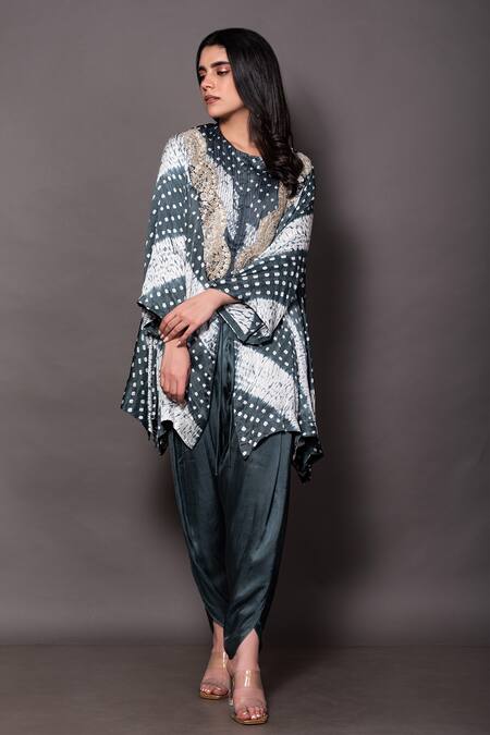Vara By Vibha N Priti_Green Silk, Linen Beads, Sequins, Pearls Round Jumpsuit With Bandhej Print Cape_Online_at_Aza_Fashions