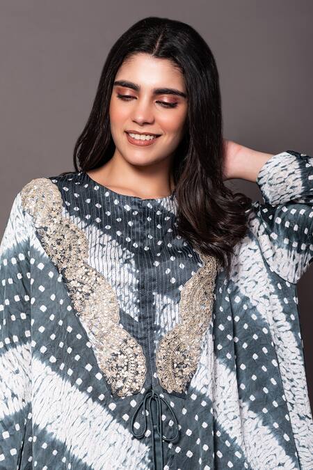 Shop_Vara By Vibha N Priti_Green Silk, Linen Beads, Sequins, Pearls Round Jumpsuit With Bandhej Print Cape_Online_at_Aza_Fashions