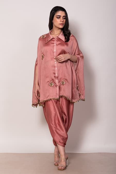 Vara By Vibha N Priti Pink , Organza Embroidery, Lace Flower Hand Tunic With Dhoti Pant Online at Aza Fashions Vara By Vibha N Priti_Pink , Organza Embroidery, Lace Flower Hand Tunic With Dhoti Pant _Online_at_Aza_Fashions