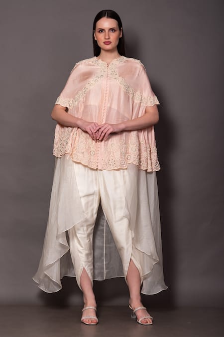 Vara By Vibha N Priti Pink Silk Embroidery V-neck Hand Layered Tunic With Dhoti Pant Online at Aza Fashions Vara By Vibha N Priti_Pink Silk Embroidery V-neck Hand Layered Tunic With Dhoti Pant _Online_at_Aza_Fashions