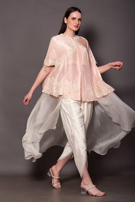 Buy Vara By Vibha N Priti Pink Silk Embroidery V-neck Hand Layered Tunic With Dhoti Pant Online at Aza Fashions Buy_Vara By Vibha N Priti_Pink Silk Embroidery V-neck Hand Layered Tunic With Dhoti Pant _Online_at_Aza_Fashions