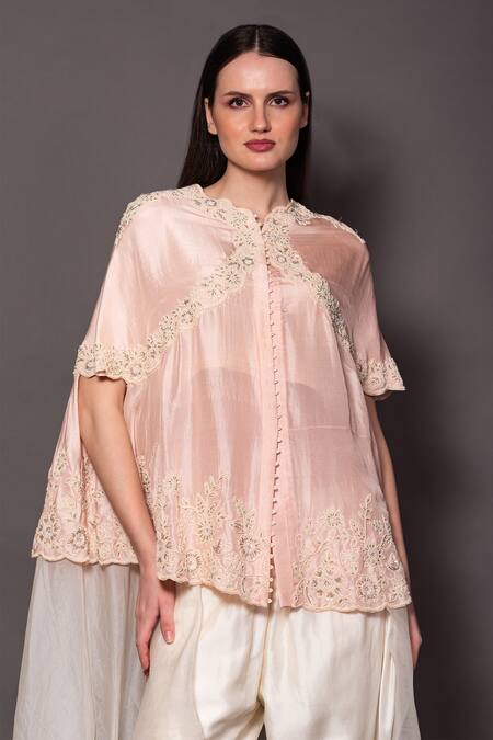 Shop Vara By Vibha N Priti Pink Silk Embroidery V-neck Hand Layered Tunic With Dhoti Pant Online at Aza Fashions Shop_Vara By Vibha N Priti_Pink Silk Embroidery V-neck Hand Layered Tunic With Dhoti Pant _Online_at_Aza_Fashions