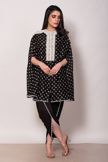 Vara By Vibha N Priti Black , Satin Pearls Geometric Print Cape Tunic With Dhoti Pant Online at Aza Fashions Vara By Vibha N Priti_Black , Satin Pearls Geometric Print Cape Tunic With Dhoti Pant _Online_at_Aza_Fashions