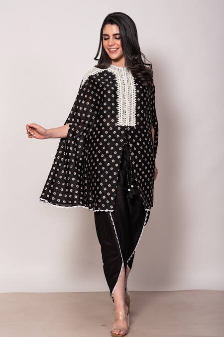 Buy Vara By Vibha N Priti Black , Satin Pearls Geometric Print Cape Tunic With Dhoti Pant Online at Aza Fashions Buy_Vara By Vibha N Priti_Black , Satin Pearls Geometric Print Cape Tunic With Dhoti Pant _Online_at_Aza_Fashions