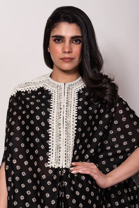 Shop Vara By Vibha N Priti Black , Satin Pearls Geometric Print Cape Tunic With Dhoti Pant Online at Aza Fashions Shop_Vara By Vibha N Priti_Black , Satin Pearls Geometric Print Cape Tunic With Dhoti Pant _Online_at_Aza_Fashions