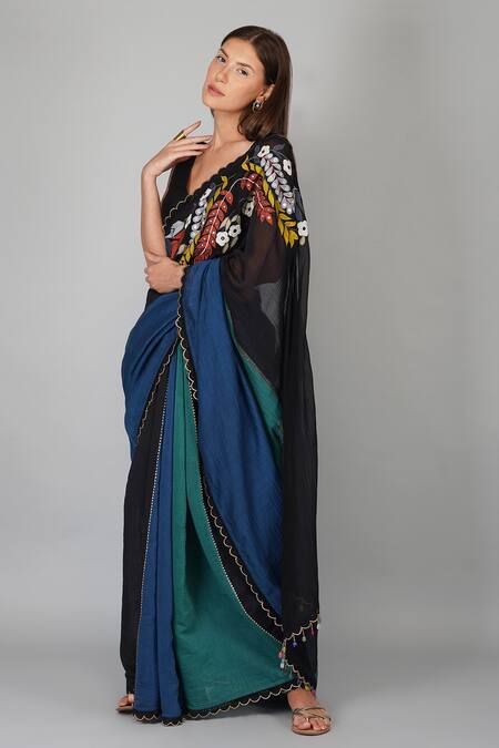 Devyani Mehrotra_Multi Color Chanderi Applique Embroidered Saree_Online_at_Aza_Fashions
