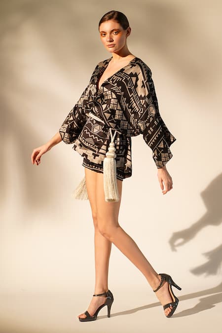 Nikita Mhaisalkar_Black Cotton Satin Tassels Open Neck Aztec Print Jacket And Shorts Set _Online_at_Aza_Fashions