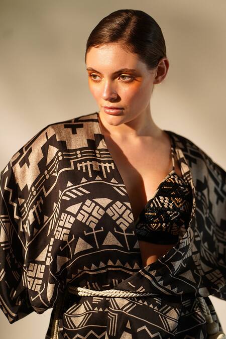 Shop_Nikita Mhaisalkar_Black Cotton Satin Tassels Open Neck Aztec Print Jacket And Shorts Set _Online_at_Aza_Fashions