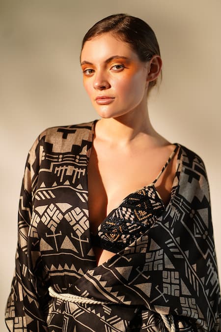 Nikita Mhaisalkar_Black Cotton Satin Tassels Open Neck Aztec Print Jacket And Shorts Set _at_Aza_Fashions