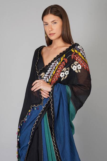 Devyani Mehrotra_Multi Color Chanderi Applique Embroidered Saree_at_Aza_Fashions