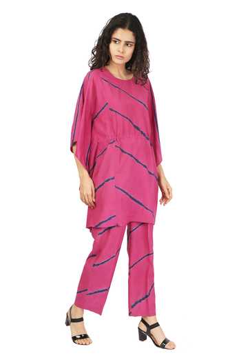 The Pot Plant Clothing_Pink Cotton Silk Leheriya Kaftan Tunic And Pant Set_Online_at_Aza_Fashions