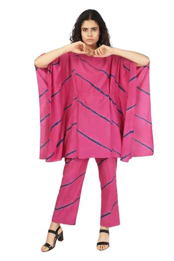 Buy_The Pot Plant Clothing_Pink Cotton Silk Leheriya Kaftan Tunic And Pant Set_Online_at_Aza_Fashions