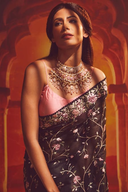 Buy_Paaprika_Black Kota Doria Embroidery Floral Thread Saree_Online_at_Aza_Fashions