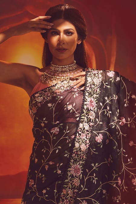 Shop_Paaprika_Black Kota Doria Embroidery Floral Thread Saree_Online_at_Aza_Fashions