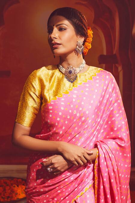 Buy_Paaprika_Pink Silk Lace Bandhani Saree_Online_at_Aza_Fashions