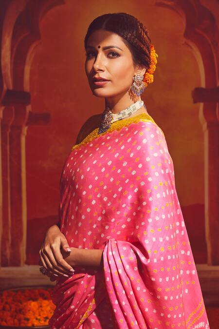 Shop_Paaprika_Pink Silk Lace Bandhani Saree_Online_at_Aza_Fashions