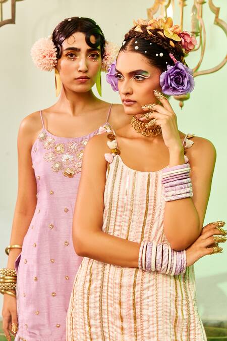 Buy_Mona And Vishu_Pink Dupion Silk, Dupatta Georgette Cut Dana, Stripe Kurta Tiered Sharara Set _Online_at_Aza_Fashions